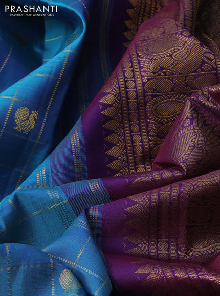 Blue & Purple Pure Kanchipuram Silk - Checks