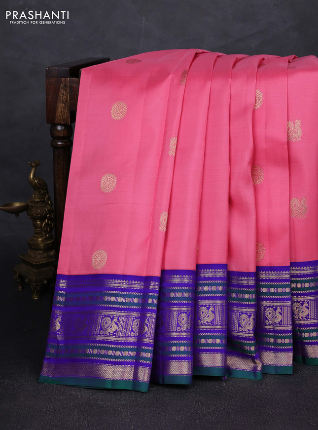 Peach Pink & Violet Pure Kanchipuram Silk - Buttas