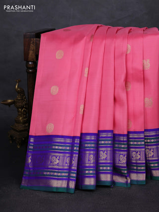 Peach Pink & Violet Pure Kanchipuram Silk - Buttas