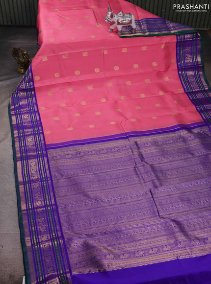 Peach Pink & Violet Pure Kanchipuram Silk - Buttas