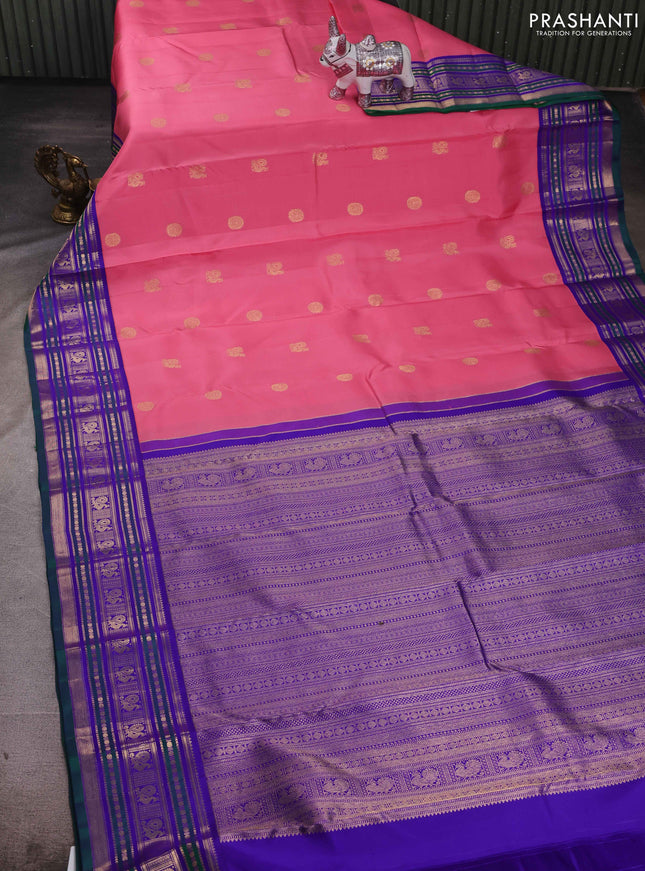 Peach Pink & Violet Pure Kanchipuram Silk - Buttas