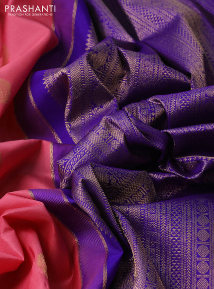 Peach Pink & Violet Pure Kanchipuram Silk - Buttas