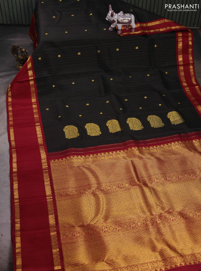 Black & Maroon Pure Kanchipuram Silk - Checks