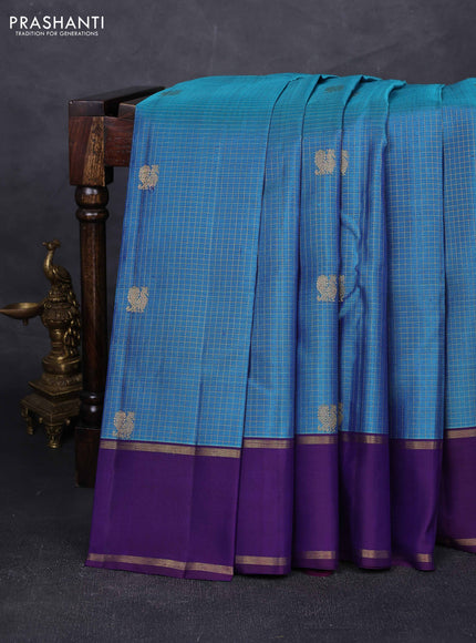 Teal Blue & Purple Pure Kanchipuram Silk - Checks