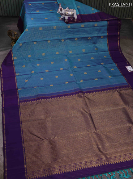 Teal Blue & Purple Pure Kanchipuram Silk - Checks