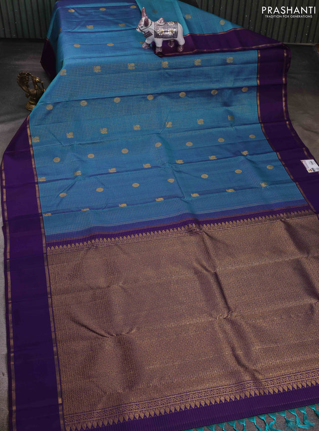 Teal Blue & Purple Pure Kanchipuram Silk - Checks