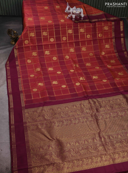 Rust & Wine Pure Kanchipuram Silk - Checks