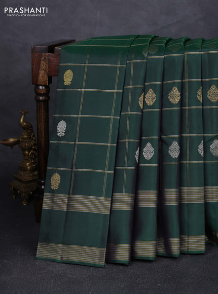 Bottle Green Pure Kanchipuram Silk - Checks