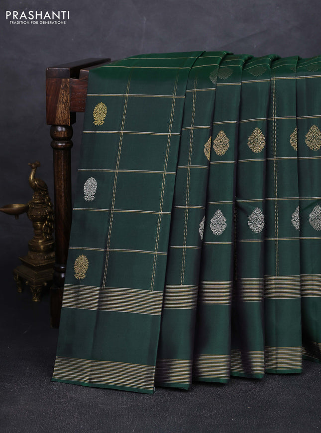Bottle Green Pure Kanchipuram Silk - Checks