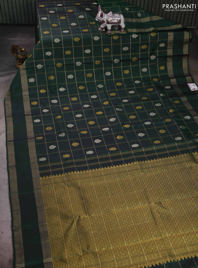 Bottle Green Pure Kanchipuram Silk - Checks