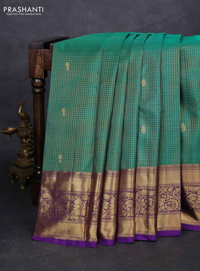 Green & Violet Pure Kanchipuram Silk - Checks