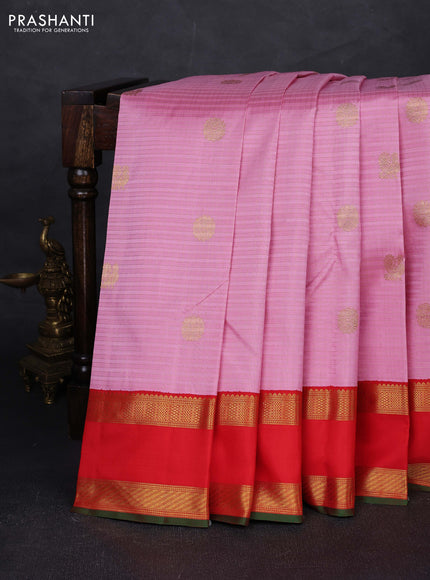 Light Pink & Red Pure Kanchipuram Silk - Checks