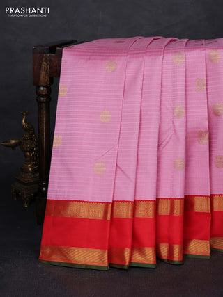 Light Pink & Red Pure Kanchipuram Silk - Checks