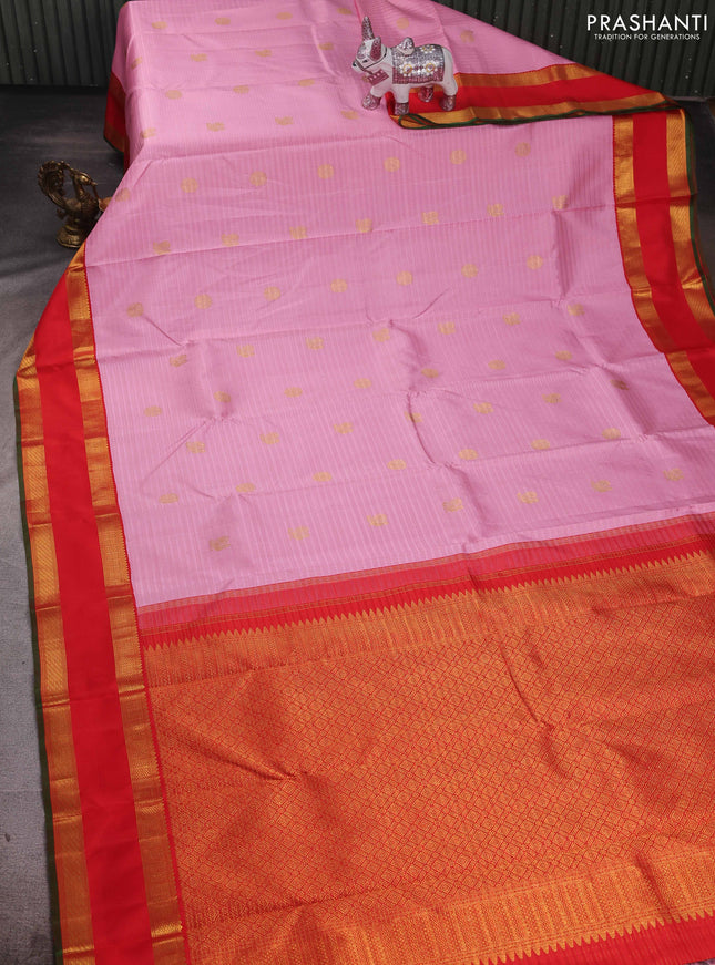 Light Pink & Red Pure Kanchipuram Silk - Checks