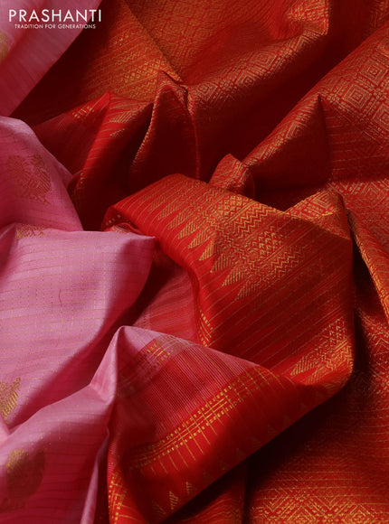Light Pink & Red Pure Kanchipuram Silk - Checks