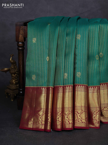 Green & Maroon Pure Kanchipuram Silk - Checks