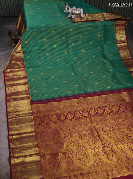 Green & Maroon Pure Kanchipuram Silk - Checks