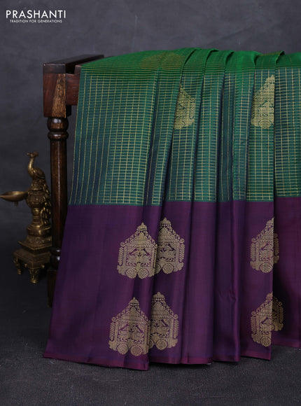 Green & Purple Pure Kanchipuram Silk - Checks