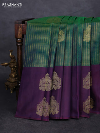 Green & Purple Pure Kanchipuram Silk - Checks