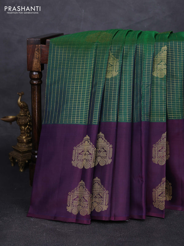 Green & Purple Pure Kanchipuram Silk - Checks