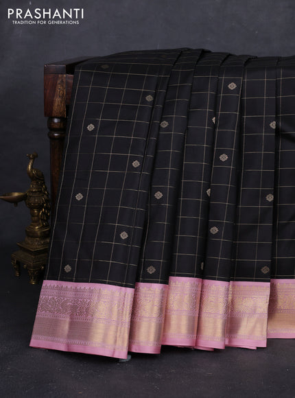 Black & Pastel Pink Pure Kanchipuram Silk - Checks