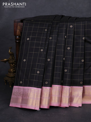 Black & Pastel Pink Pure Kanchipuram Silk - Checks