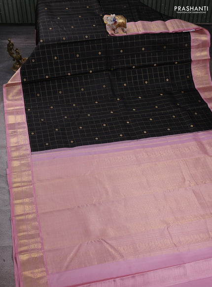 Black & Pastel Pink Pure Kanchipuram Silk - Checks
