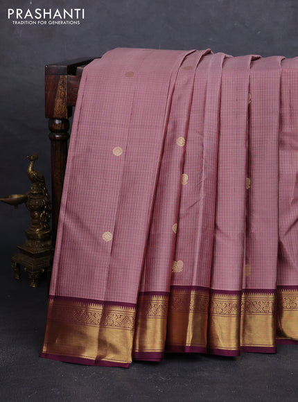 Mauve Pink & Wine Pure Kanchipuram Silk - Checks