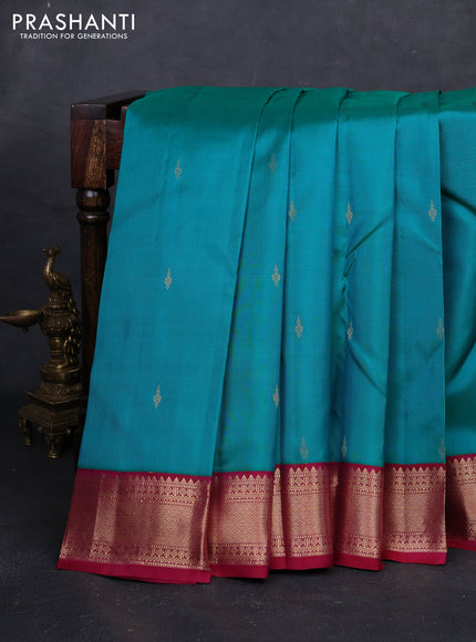 Teal Green & Maroon Pure Kanchipuram Silk - Buttas