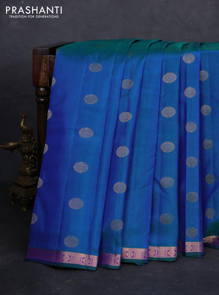 Peacock Blue & Pink Pure Kanchipuram Silk - Buttas