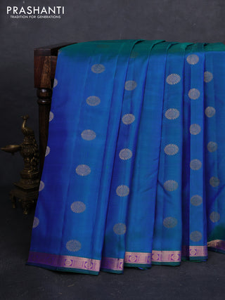 Peacock Blue & Pink Pure Kanchipuram Silk - Buttas