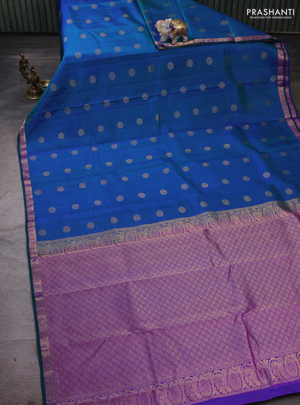 Peacock Blue & Pink Pure Kanchipuram Silk - Buttas