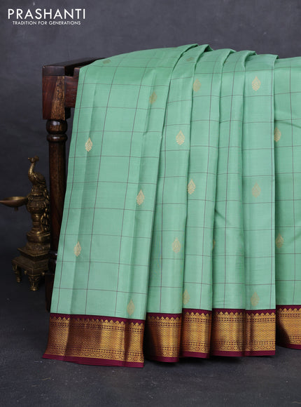 Pastel Green & Wine Pure Kanchipuram Silk - Checks