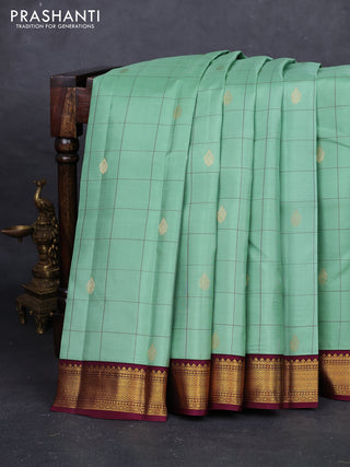Pastel Green & Wine Pure Kanchipuram Silk - Checks