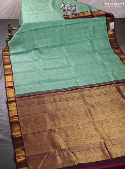 Pastel Green & Wine Pure Kanchipuram Silk - Checks