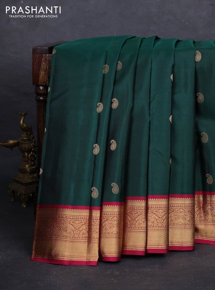 Bottle Green & Magenta Pink Pure Kanchipuram Silk - Buttas