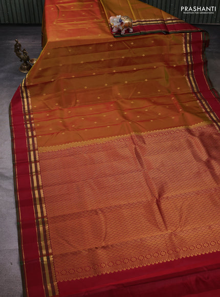 Mustard Green & Red Pure Kanchipuram Silk - Buttas