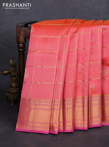 Peach Orange & Pink Pure Kanchipuram Silk - Checks