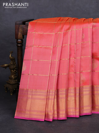 Peach Orange & Pink Pure Kanchipuram Silk - Checks