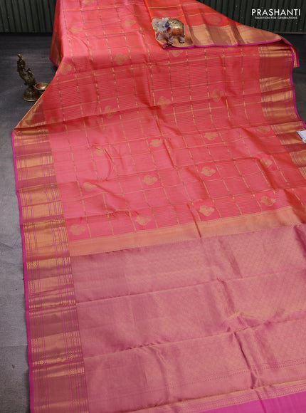 Peach Orange & Pink Pure Kanchipuram Silk - Checks