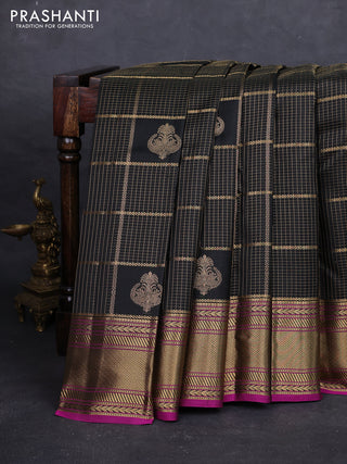 Black & Magenta Pink Pure Kanchipuram Silk - Checks