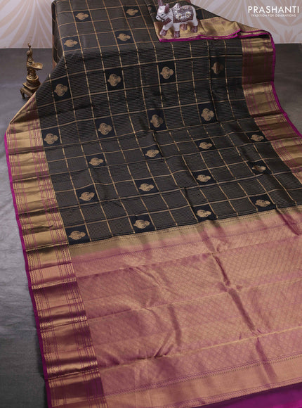 Black & Magenta Pink Pure Kanchipuram Silk - Checks