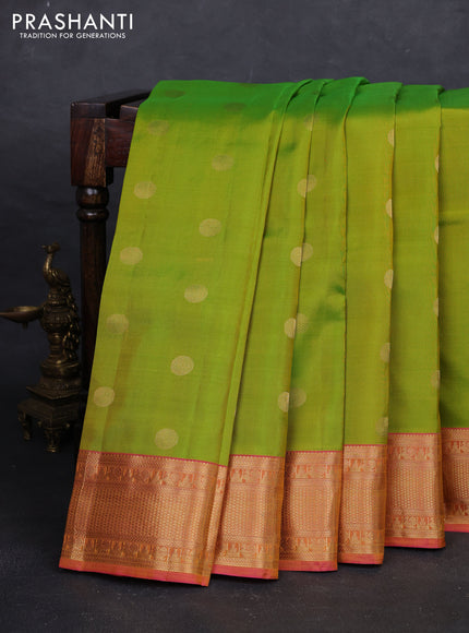Lime Green & Pink Pure Kanchipuram Silk - Buttas