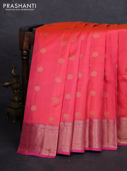 Peach Orange & Pink Pure Kanchipuram Silk - Buttas