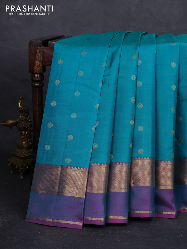 Teal Green & Pink Pure Kanchipuram Silk - Buttas