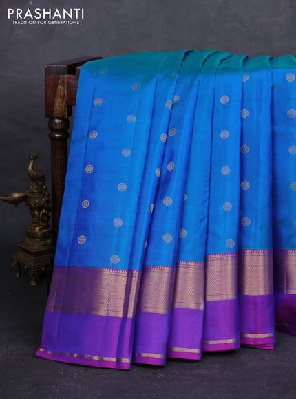 Teal Blue & Purple Pure Kanchipuram Silk - Buttas