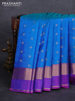 Teal Blue & Purple Pure Kanchipuram Silk - Buttas