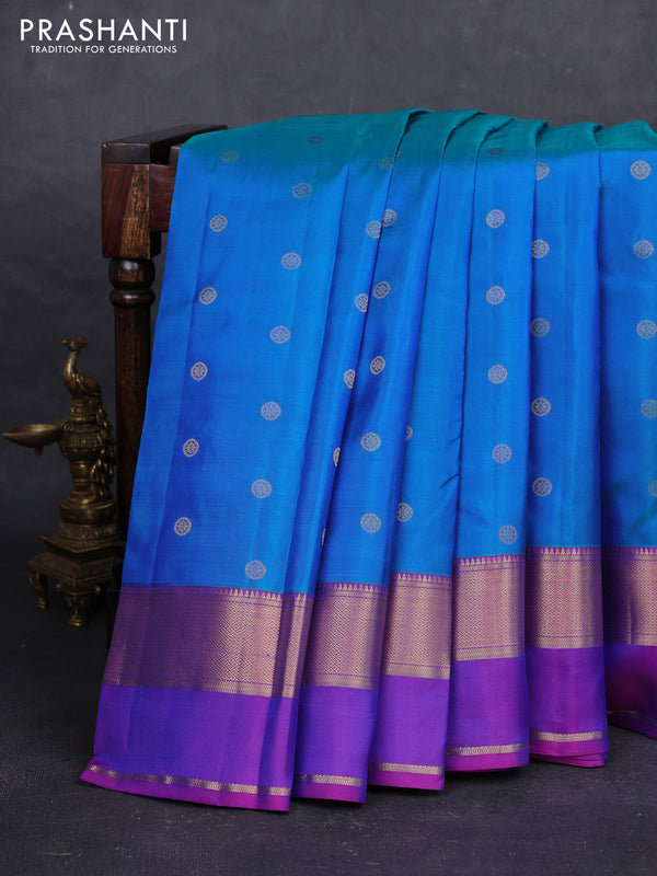 Teal Blue & Purple Pure Kanchipuram Silk - Buttas