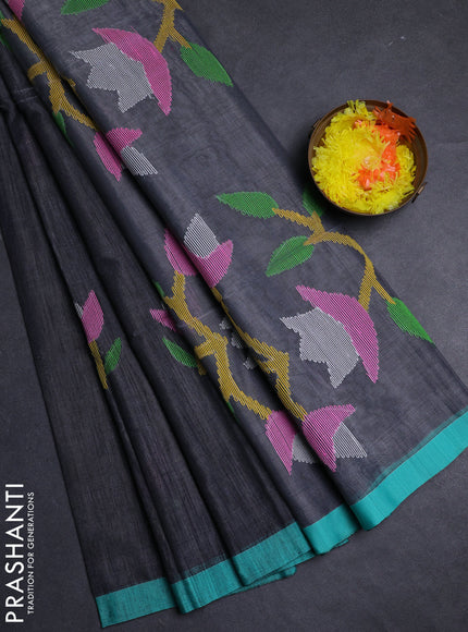 Grey & Teal Green Jamdani Silk Cotton Saree