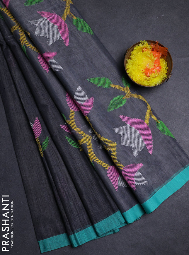 Grey & Teal Green Jamdani Silk Cotton Saree